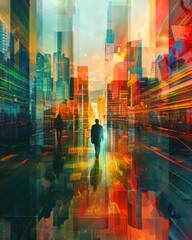 Abstract cityscape with vibrant colors and dynamic light trails, depicting a futuristic urban scene with silhouetted figures.