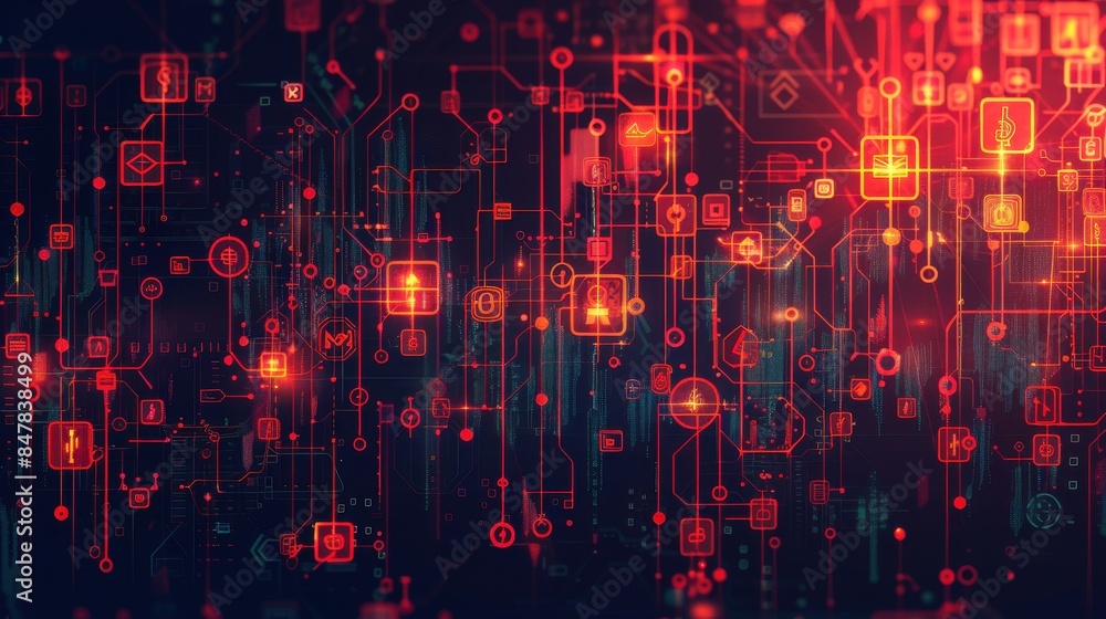 Poster abstract digital technology background with glowing red circuit lines and icons, representing connec