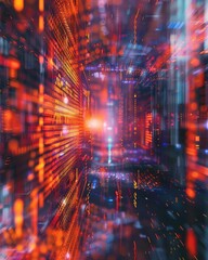 Fototapeta premium Abstract digital data tunnel with vibrant lights and futuristic technology elements, representing fast data transfer and speed.