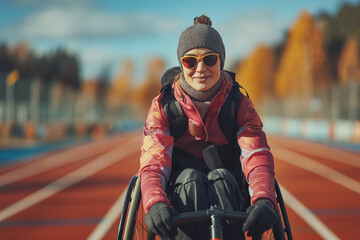 Portrait of active young woman in wheelchair looking at camera in outdoors sports court