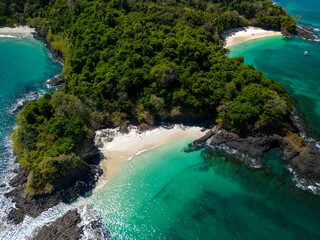 Aerial top view of Bolaños tropical island beach with white sand and emerald water, Chiriquí gulf, Chiriquí province, Panamá, Central America - stock photo