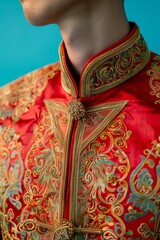 Close-up of a person wearing a traditional, elaborately embroidered red and gold outfit with intricate designs against a blue background.
