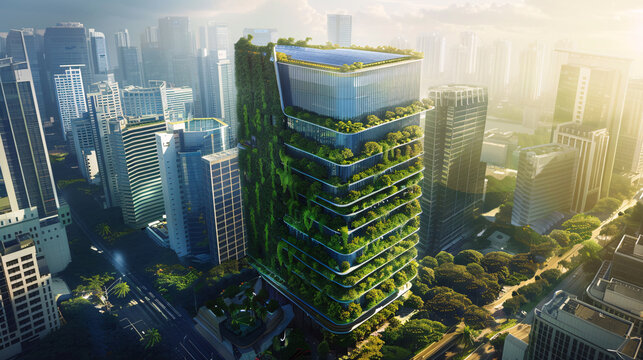 Eco-friendly headquarters with a green roof, solar panels, and energy-efficient windows towering in a cityscape
