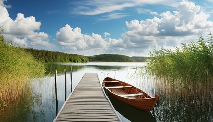 Obraz premium boat on the lake forest, travel, pond, fishing, tree, boats, spring, reflection, trees