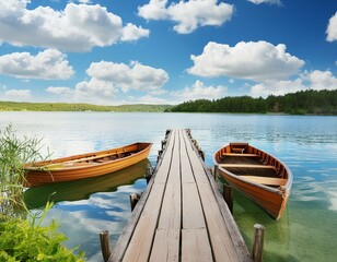 Obraz premium boat on the lake calm, canoe, wooden, cloud, vessel, rowing, park, clouds, green, bay