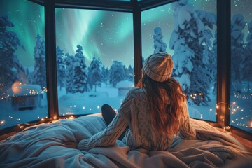 Back view of a female with a knitted beanie and sweater gazing at a beautiful winter night landscape