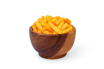 Corn sticks with ketchup in wooden bowl isolated on white background.