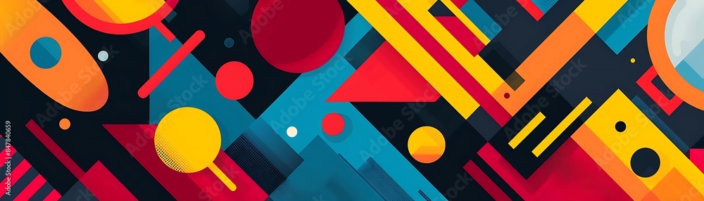 Poster a colorful wall adorned with a variety of shapes and sizes of shapes, including circles, squares, an