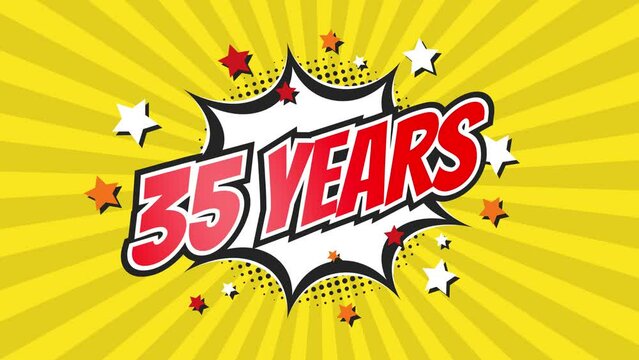 35th thirty-fifth anniversary - 35 thirty-five years birthday. Animated text on pop colorful background with rotating rays.