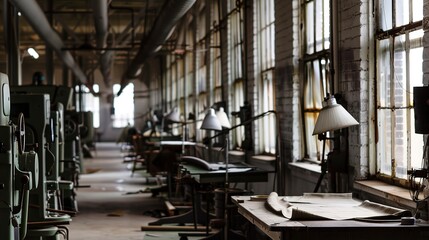 Textile mill workspace, rows of sewing machines, soft, natural light filtering through high windows.