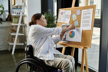 A young businesswoman in a wheelchair works on a project in a modern office setting.