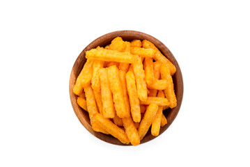 Corn sticks with ketchup in wooden bowl isolated on white background.