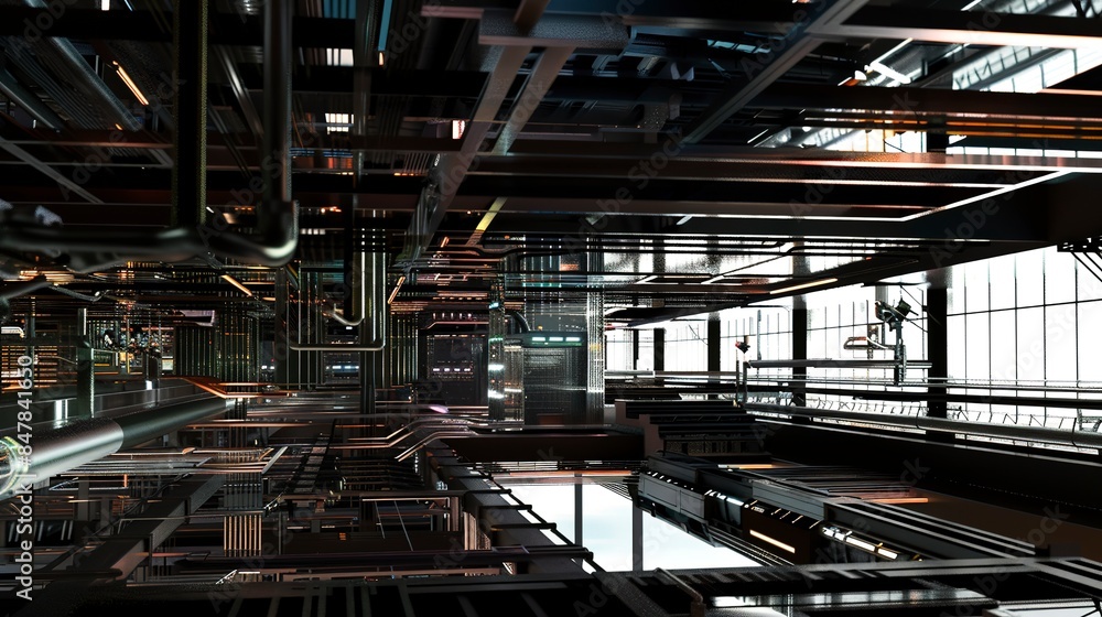 Poster electronics factory zone, circuit boards, precise, focused task lighting.