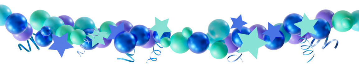 Stylish garland with blue and purple elements on transparent background. Can be used as divider, footer or header. Happy Birthday design element. Festoon. It s a boy, gender party. 3D render