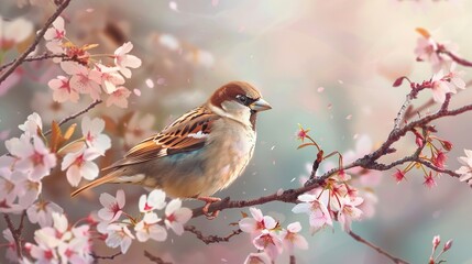 Close-up of a Cute Sparrow Bird on Cherry Blossom Tree Branch in Spring, Ideal for Romantic Animal Background
