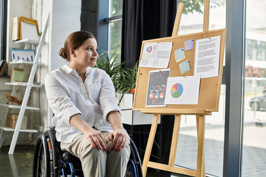 A young businesswoman in a wheelchair sits in a modern office, focused on work. She exemplifies workplace inclusion and diversity.