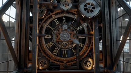 A 3D clock tower interior with intricate gears and mechanisms, all working in silent precision.