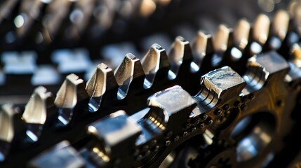Conveyor belt gears, close-up, intricate metal work, soft, diffused light.
