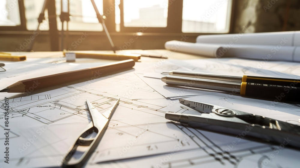 Poster blueprints and measuring tools spread on a drafting table, precise, clear light.