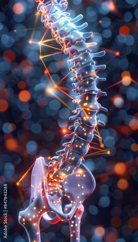 Poster digitally enhanced image of a human spine with neural connections highlighted, showcasing the comple