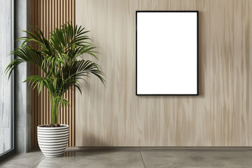 Minimalist Interior Mock-up with Empty Frame and Potted Plant