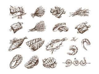 Hand-drawn monochrome vector sketch of barbecue fish and pieces of barbecue salmon steaks, prawns, shrimps, ribs greens. Doodle vintage illustration. Decorations for the menu