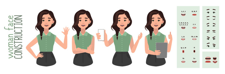Business office woman constructor suitable for animation. Generator of diverse eyes, lips, emotion expressions mouth animation and lip sync. Young woman character face and upper body construction.