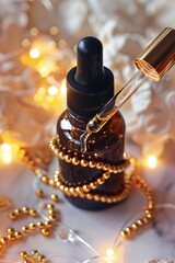 Beautician is dripping essential oil into a bottle using a pipette, surrounded by golden christmas...