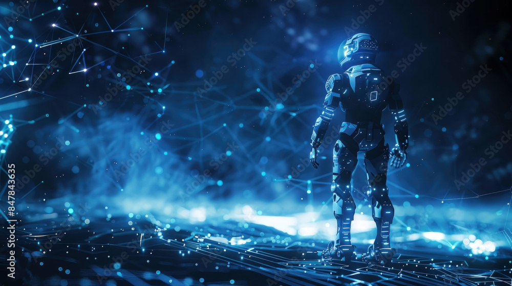 Poster Digital AI Exploration: Futuristic Robot Navigating Virtual Landscape