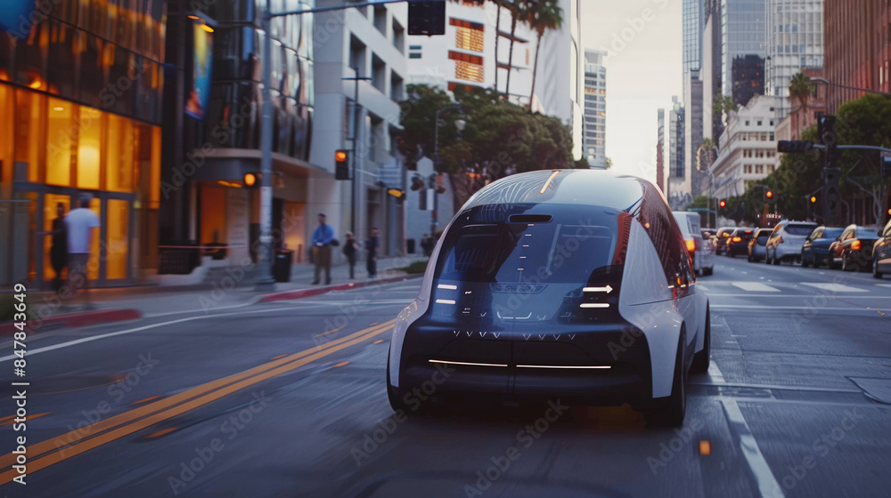 Poster Futuristic AI-Driven Autonomous Vehicle Gliding Through Urban Cityscape with Precision
