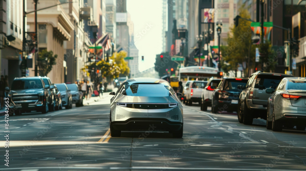 Poster futuristic ai-driven autonomous vehicle gliding through busy urban streets