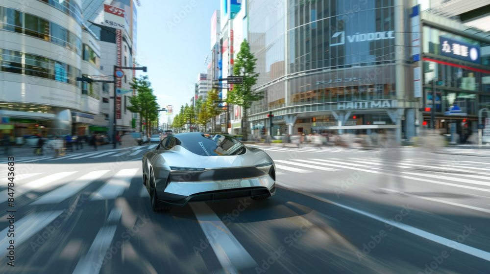 Poster Futuristic AI-Driven Autonomous Vehicle Safely Navigating Busy City Streets