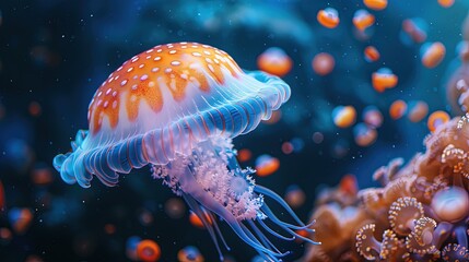 Naklejka premium A jellyfish is floating in the ocean with a blue and orange body