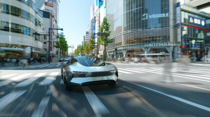 Futuristic AI-Driven Autonomous Vehicle Safely Navigating Busy City Streets