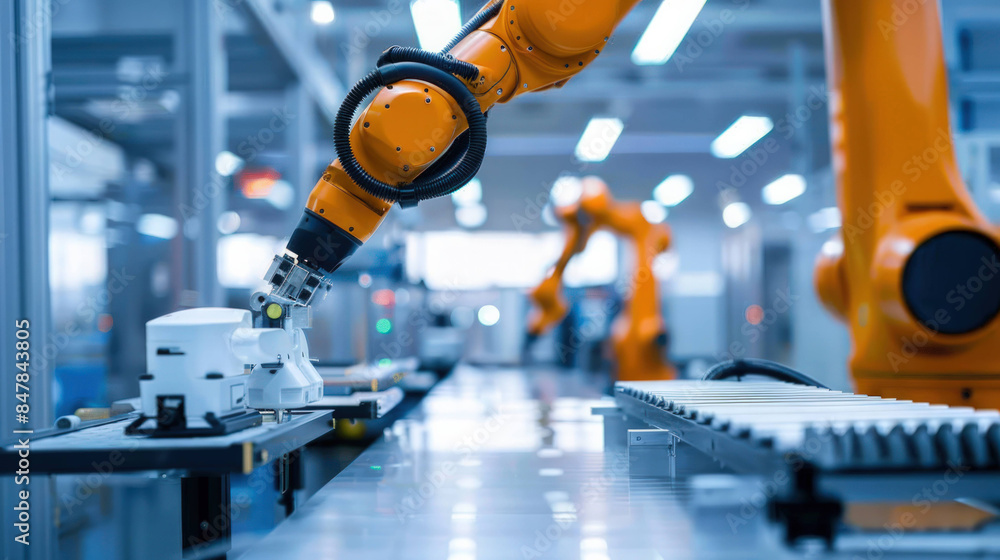 Aufkleber Automation in Action: AI-Powered Robotic Arm Seamlessly Assembling Products in a Modern Manufacturing Plant