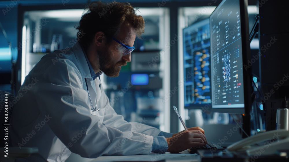 Poster Technological Advancements in Data Analysis: Scientist Utilizing AI Algorithms on Computer Screen