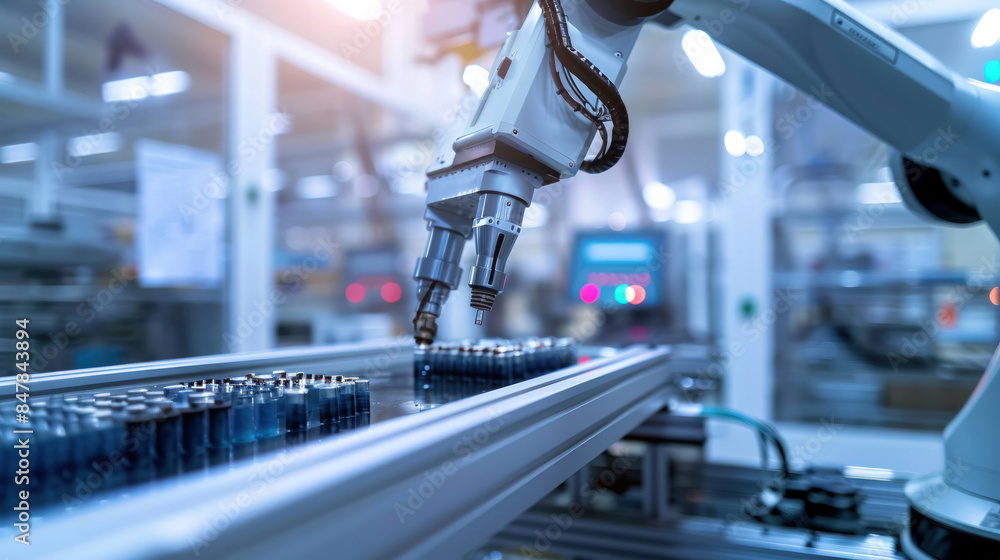 Poster Automated Precision: AI-Powered Robotic Arm Efficiently Assembling Products in Modern Manufacturing Plant