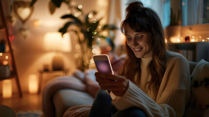 Busy Woman Managing Tasks with Virtual Assistant App on Smartphone in Comfortable Home Setting