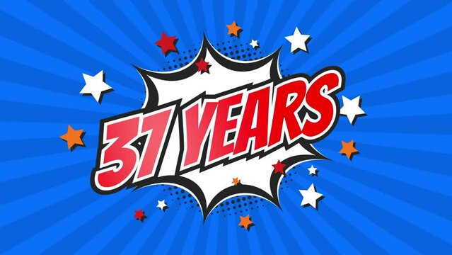 37th thirty-seventh anniversary - 37 thirty-seven years birthday. Animated text on pop colorful background with rotating rays.