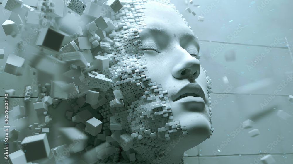 Poster Digital Cubic Disintegration: Abstract AI Symbol with White Cubes Floating in the Air
