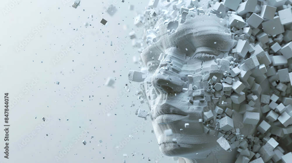 Poster Digital Transformation: Cubic Face Dissolving into Data Cloud - Abstract Concept of AI and Technology Evolution