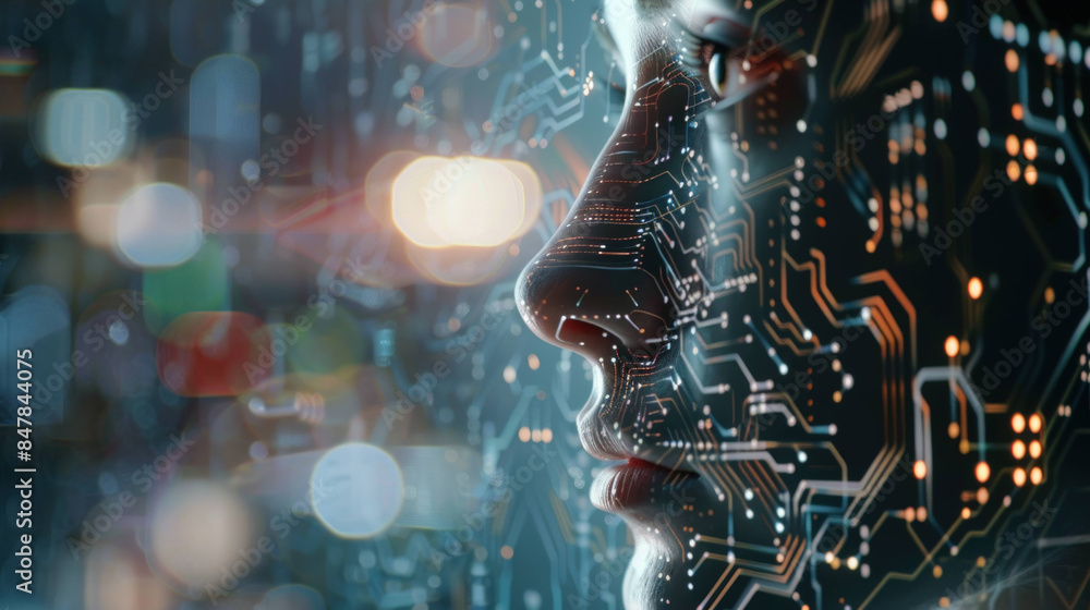 Aufkleber Futuristic Human-AI Integration: Side Profile Merging with Circuit Board Elements