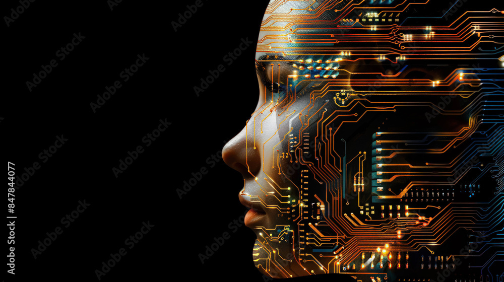 Poster cyborg concept: human face integrated with circuit board elements for ai technology innovation illus