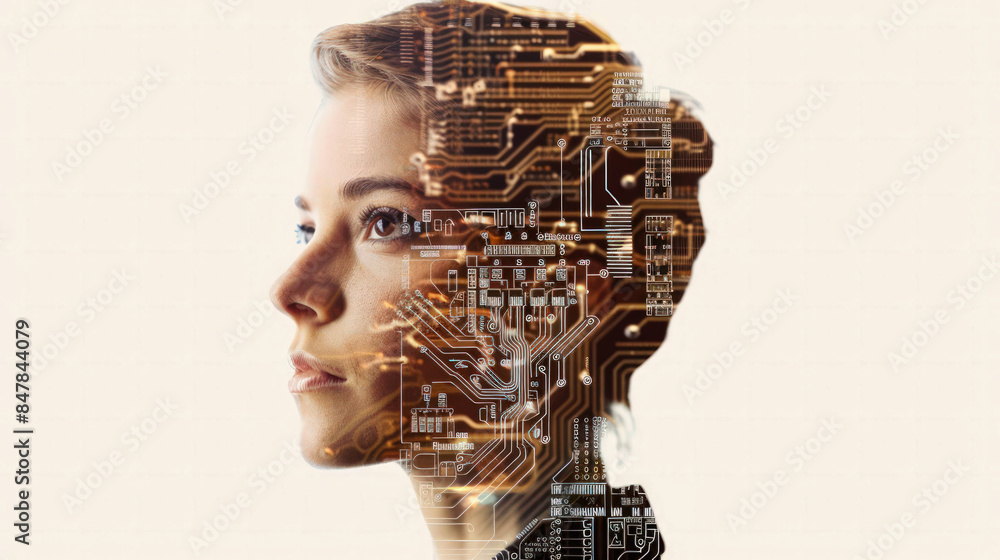Poster Cybernetic Fusion: Human Face Merged with Circuit Board, Symbolizing AI Integration