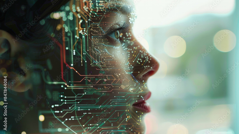 Leinwandbilder digital interface: human face integrated with circuit board for ai enhancement