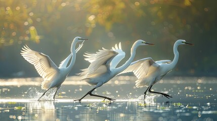 Naklejka premium Three white egrets are running through the water