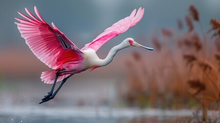 A roseate spoonbill in mid-flight over a wetland habitat - Powered by Adobe