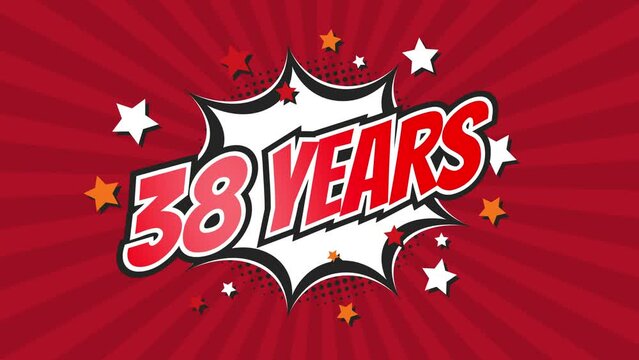 38th thirty-eighth anniversary - 38 thirty-eight years birthday. Animated text on pop colorful background with rotating rays.