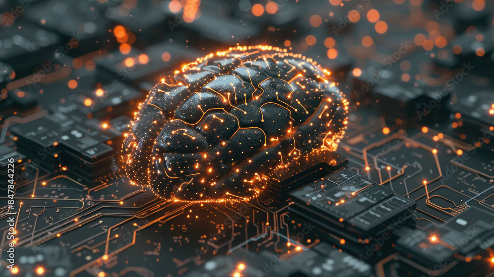 Poster illuminated digital brain - futuristic ai circuitry on dark background