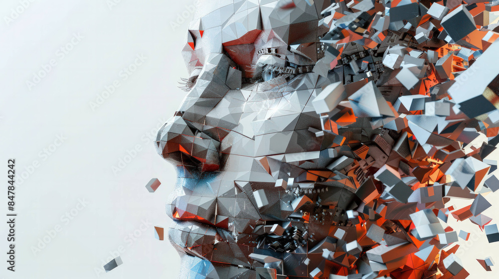 Aufkleber Digital Evolution - Abstract futuristic human face constructed from geometric blocks, representing artificial intelligence and machine learning technology.